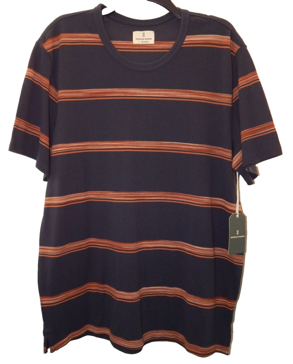 NWT Mutual Weave Men's Crew Neck T-Shirt Size LARGE Orange Blue Striped